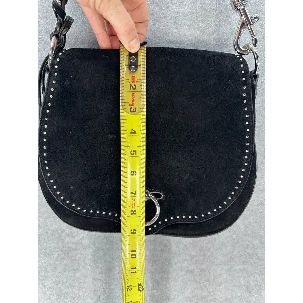 Rebecca Minkoff Large Jean Saddle Bag Black Suede BOHO Western Silver Accents